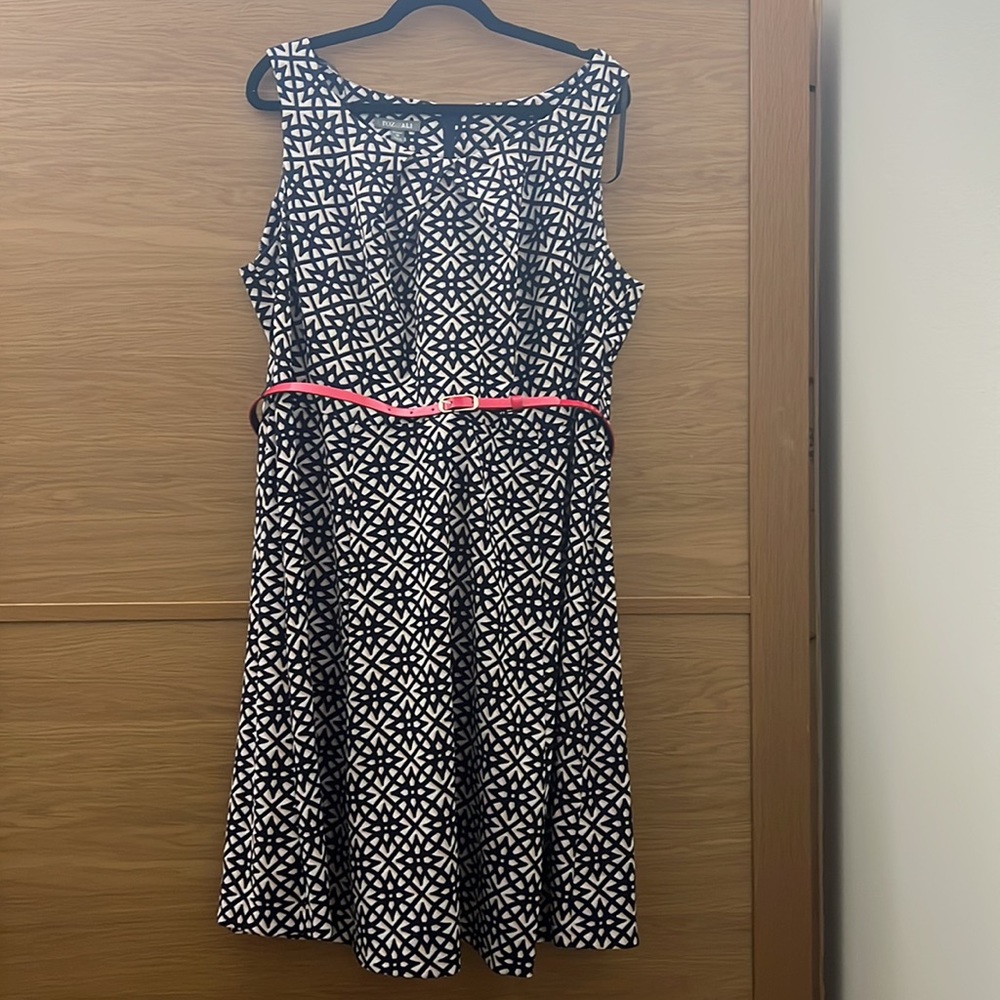 Cute A-Line Dress with Red Belt, Size 16